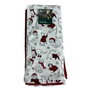 Humane World For Animals Kitchen Towels Cats Santa Hat Scarf White and Red NEW